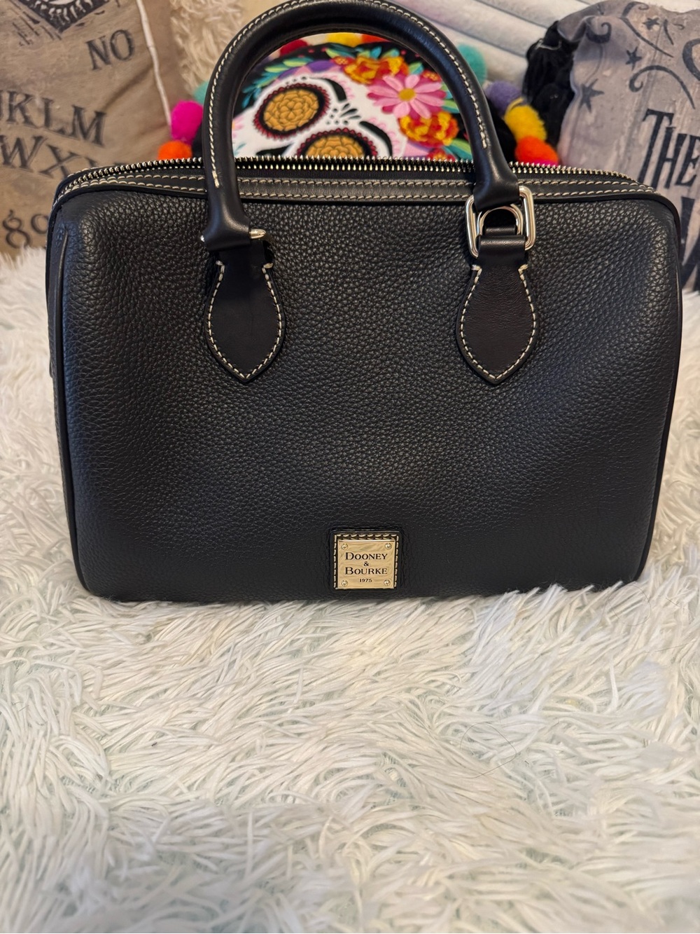 Dooney & Bourke Black Pebbled Leather Dome Satchel with Gold Plaque